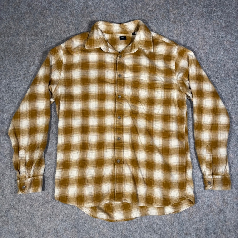 Uniqlo Flannel Shirt Mens L Yellow Plaid Cotton Long Sleeve Button Down Gorpcore